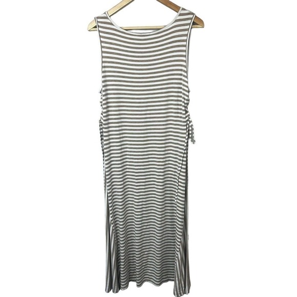Chico's Tan White Striped Tank Midi Dress Sz 1 M 8 Sleeveless Side ties - Picture 5 of 12